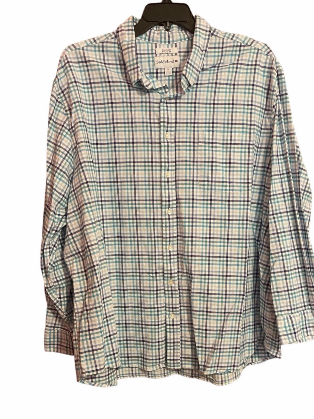 Saddlebred White Plaid Button-Down Shirt with Blue and Green Checks